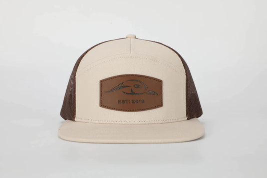 American Flyway Waterfowl Leather Patch Pale Khaki & Brown 7 Panel Trucker AFW Outdoors