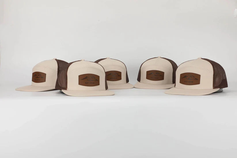American Flyway Waterfowl Leather Patch Pale Khaki & Brown 7 Panel Trucker AFW Outdoors