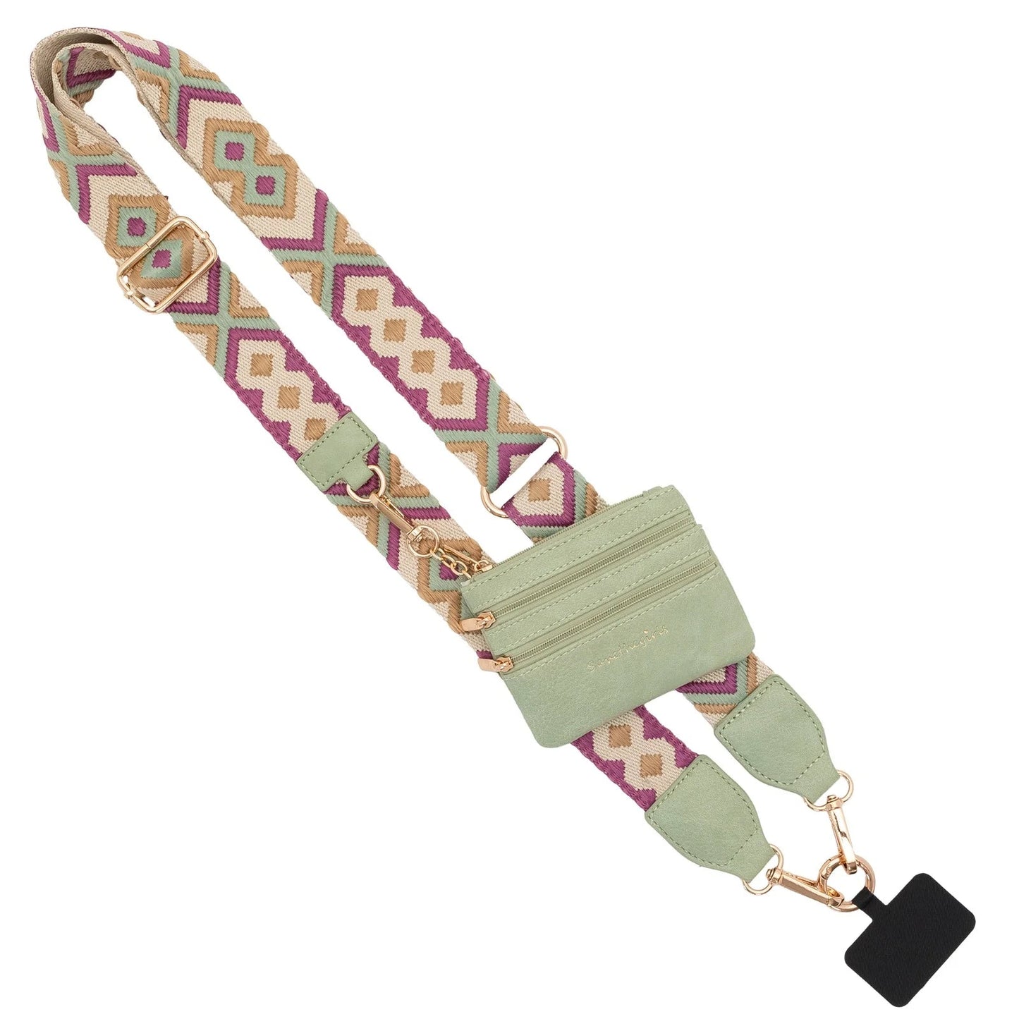 Save The Girls Clip & Go Strap with Pouch - GREEN/PURPLE PATTERN - GOLD HARDWARE Save The Girls