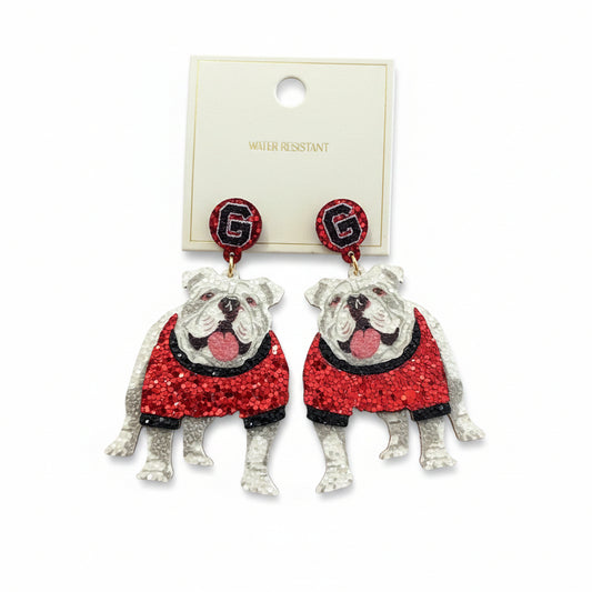Georgia Bulldogs Standing Dawg Glitter Earrings White/Red/Black Golden Stella