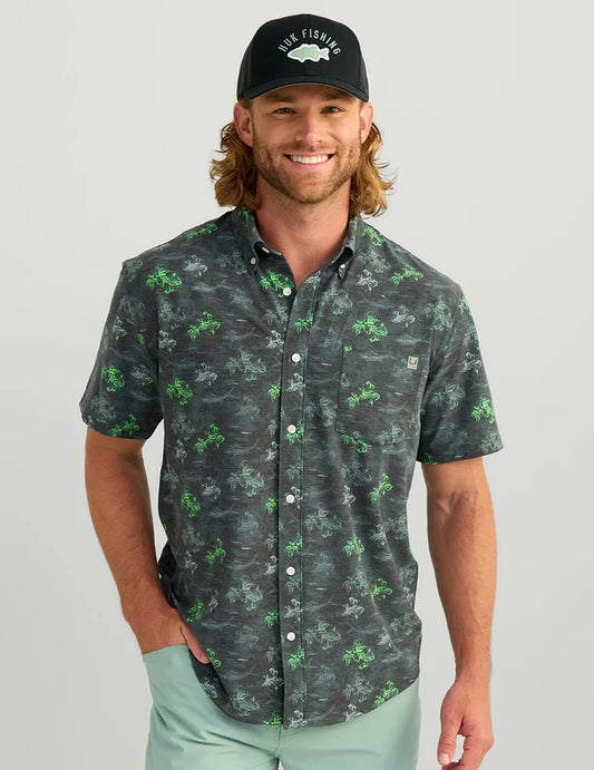 Huk Kona KC Printed Short Sleeve Button Down Black Flying High
