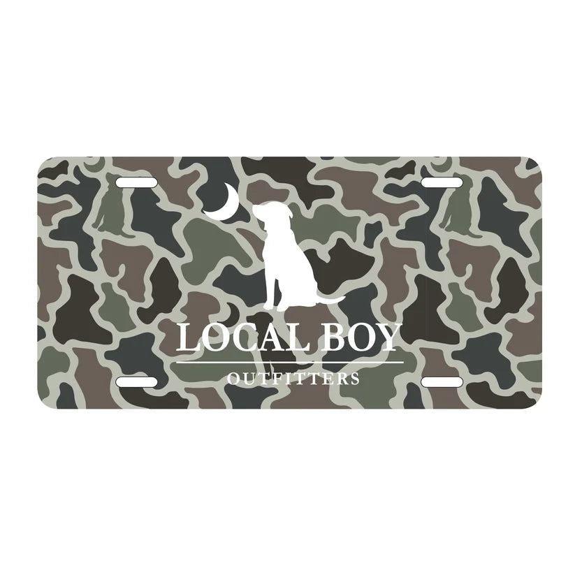 Local Boy Metal License Plate Dog and Moon Camo Local Boy Outfitters