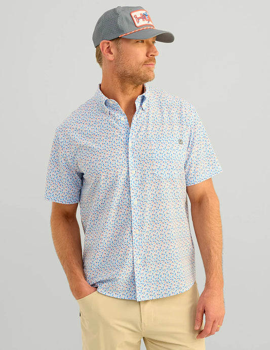 Huk Kona Printed Short Sleeve Button Ocean Blue Lure Smash Huk
