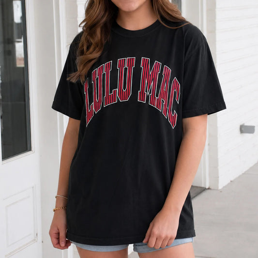 Lulu Mac Team Red/Black Stripes Adult Black Comfort Colors Tee Lulu Mac