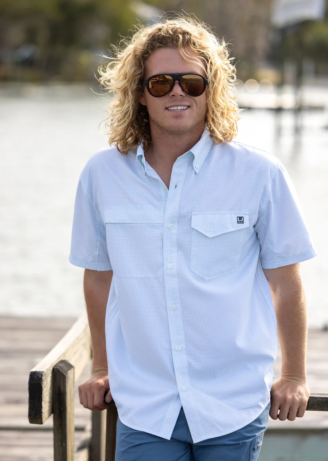 Huk Tide Point Printed Short Sleeve Heron Blue Checks Huk