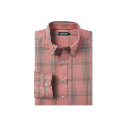 Southern marsh Tupelo windowpane dress shirt washed red and stone brown