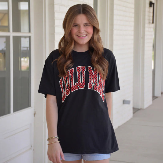 Lulu Mac Team Red/Black Checkered Adult Black Comfort Colors Tee Lulu Mac