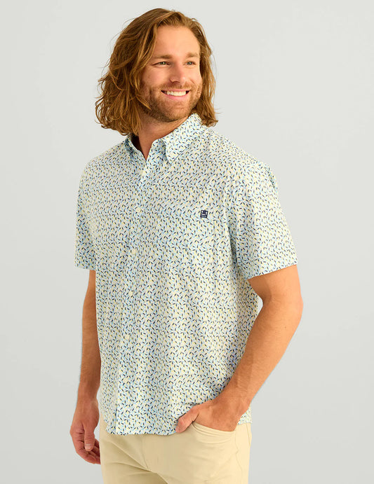 Huk Kona Printed Short Sleeve Button Down Yellowfin Tuna Lure Smash