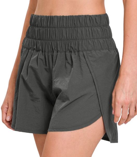 Zenana Windbreaker Smocked Waistband Running Shorts Ash Grey Zenana