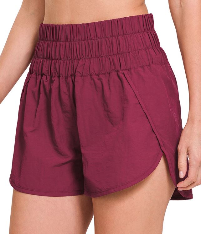 Zenana Windbreaker Smocked Waistband Running Shorts Cabernet Zenana
