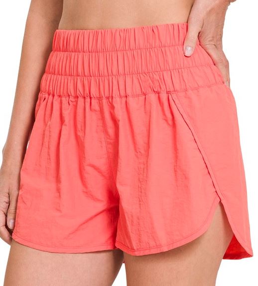 Zenana Windbreaker Smocked Waistband Running Shorts Deep Coral Zenana