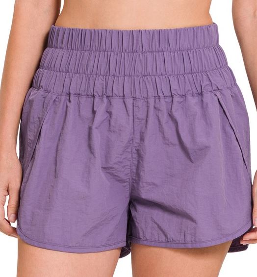 Zenana Windbreaker Smocked Waistband Running Shorts Lilac Grey