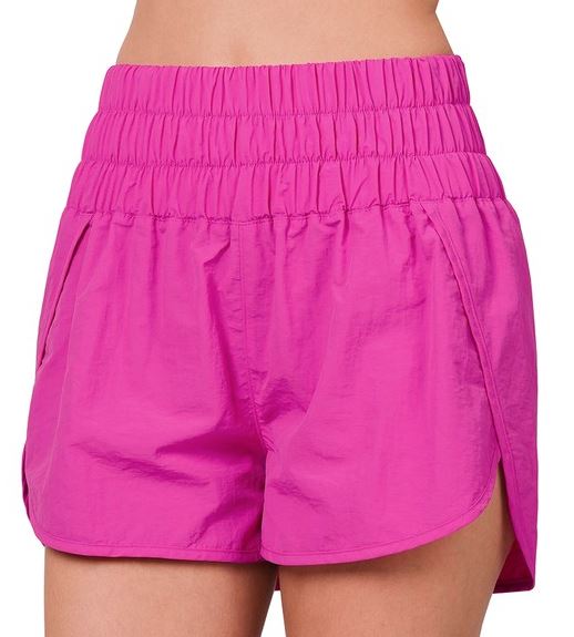 Zenana Windbreaker Smocked Waistband Running Shorts N Hot Pink Zenana