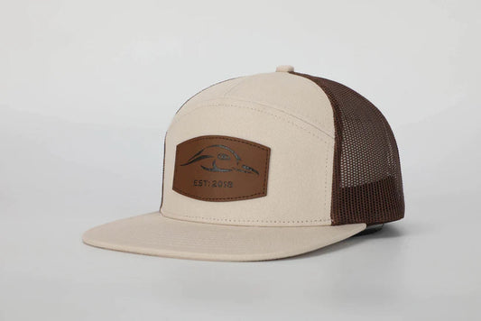 American Flyway Waterfowl Leather Patch Pale Khaki & Brown 7 Panel Trucker AFW Outdoors