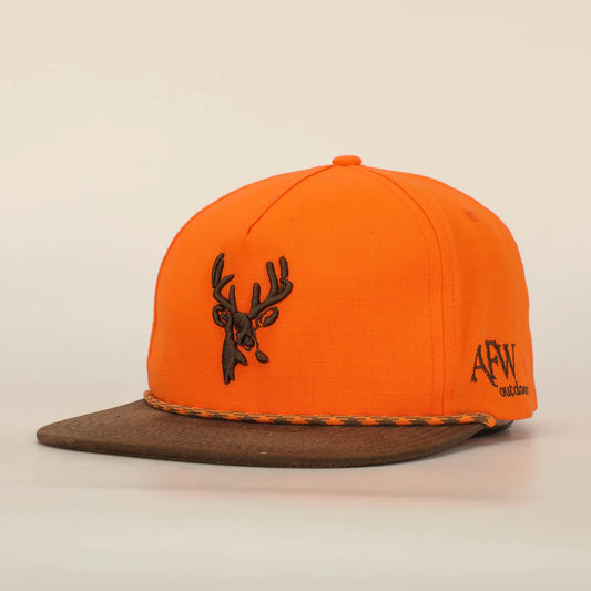 American Flyway AFW BLAZE ORANGE AND BROWN RIPSTOP PUFF DEER ROPE HAT