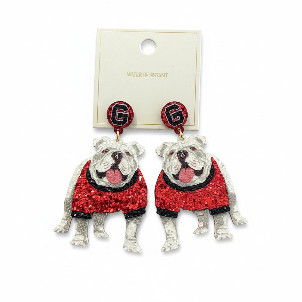 Georgia Bulldogs Standing Dawg Glitter Earrings White/Red/Black Golden Stella