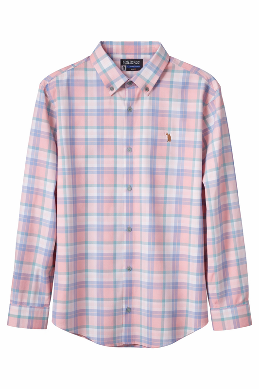 Southern Casanova Button Down Performance LS coral Mirage Plaid Southern Casanova