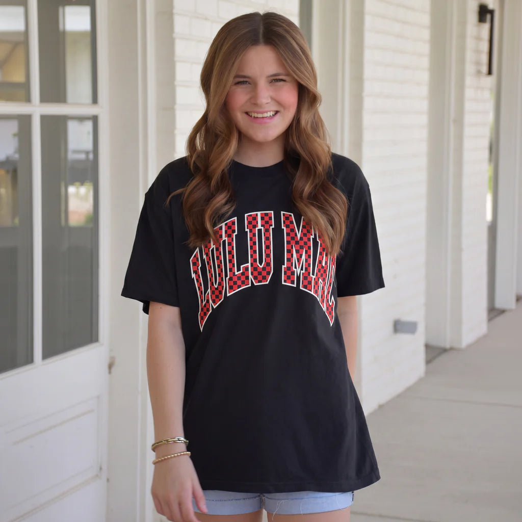 Lulu Mac Team Red/Black Checkered Adult Black Comfort Colors Tee Lulu Mac