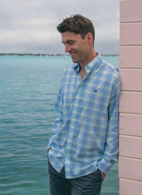 Shores Windowpane Performance Dress Shirt Lilac Lime and Teal / Medium